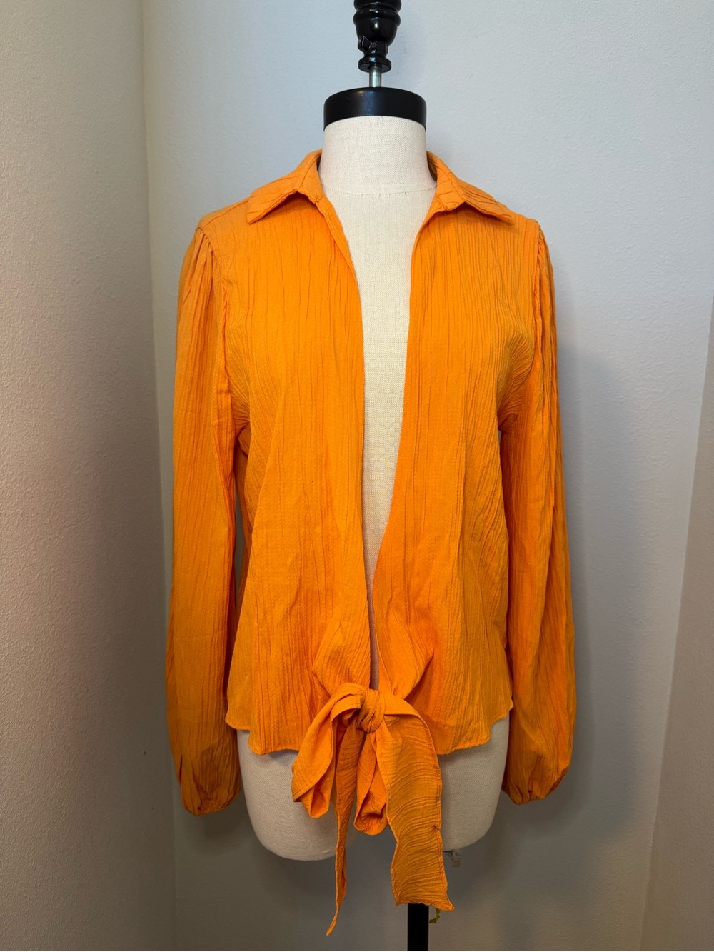 Showpo Celestia Wrap Tie Front Long Sleeve Plisse Blouse in Mango NWT